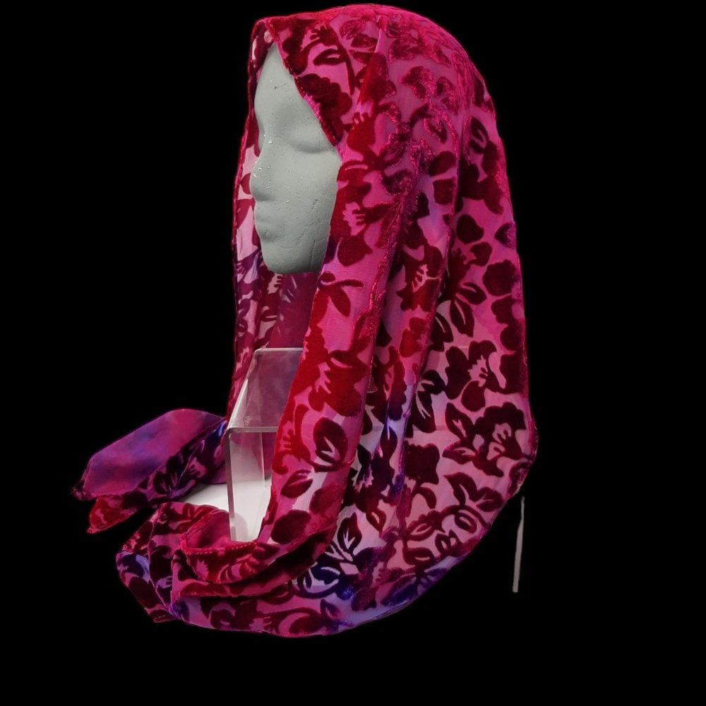 Hand Dyed Velvet Silk Scarf NEW without Tags Floral Spring Red Blue Shimmers